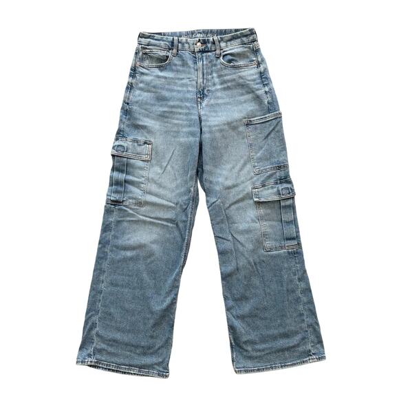 AMERICAN EAGLE Curvy Super High Rise Baggy Wide Leg Cargo Pocket Jeans SZ 8 - Picture 1 of 11